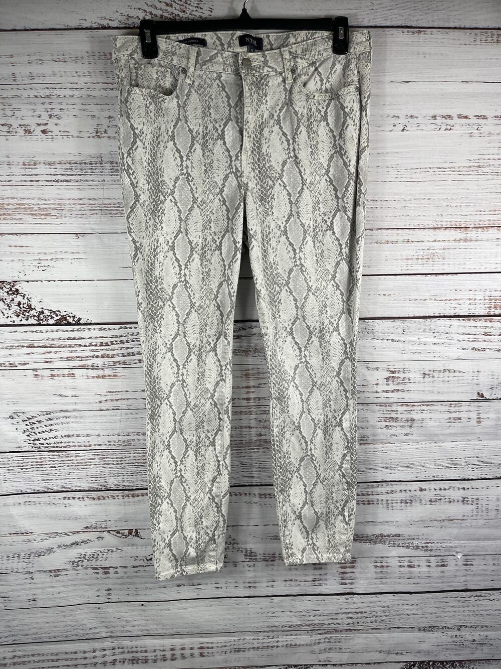 NYDJ Ami Skinny Jeans Women's SZ 12 Gray White Snakeskin Lift Tuck Stretch Print